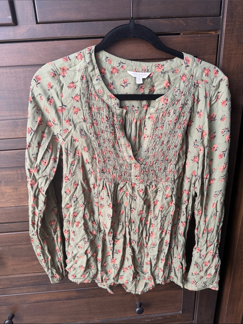Lucky Brand Olive Green Floral Smocked Tunic with Pink Flowers